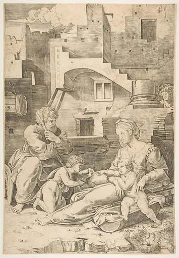 Virgin of the Long Thigh; the Virgin reclining on the ground her left leg outstretched supporting the infant Christ who reaches across to the infant John the Baptist, Joseph seated at left, buildings in the background