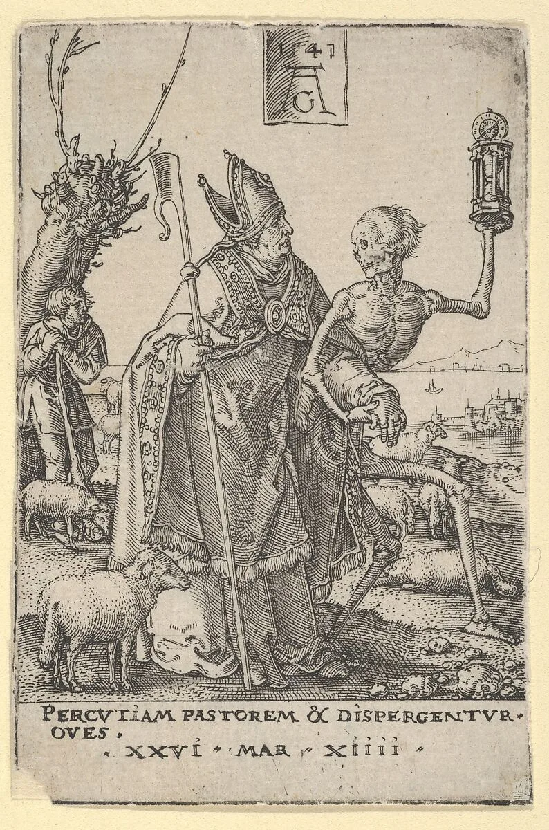 Death and the Bishop, from The Power of Death (Allegory of Original Sin and Death) — Heinrich Aldegrever|Hans Holbein the Younger
