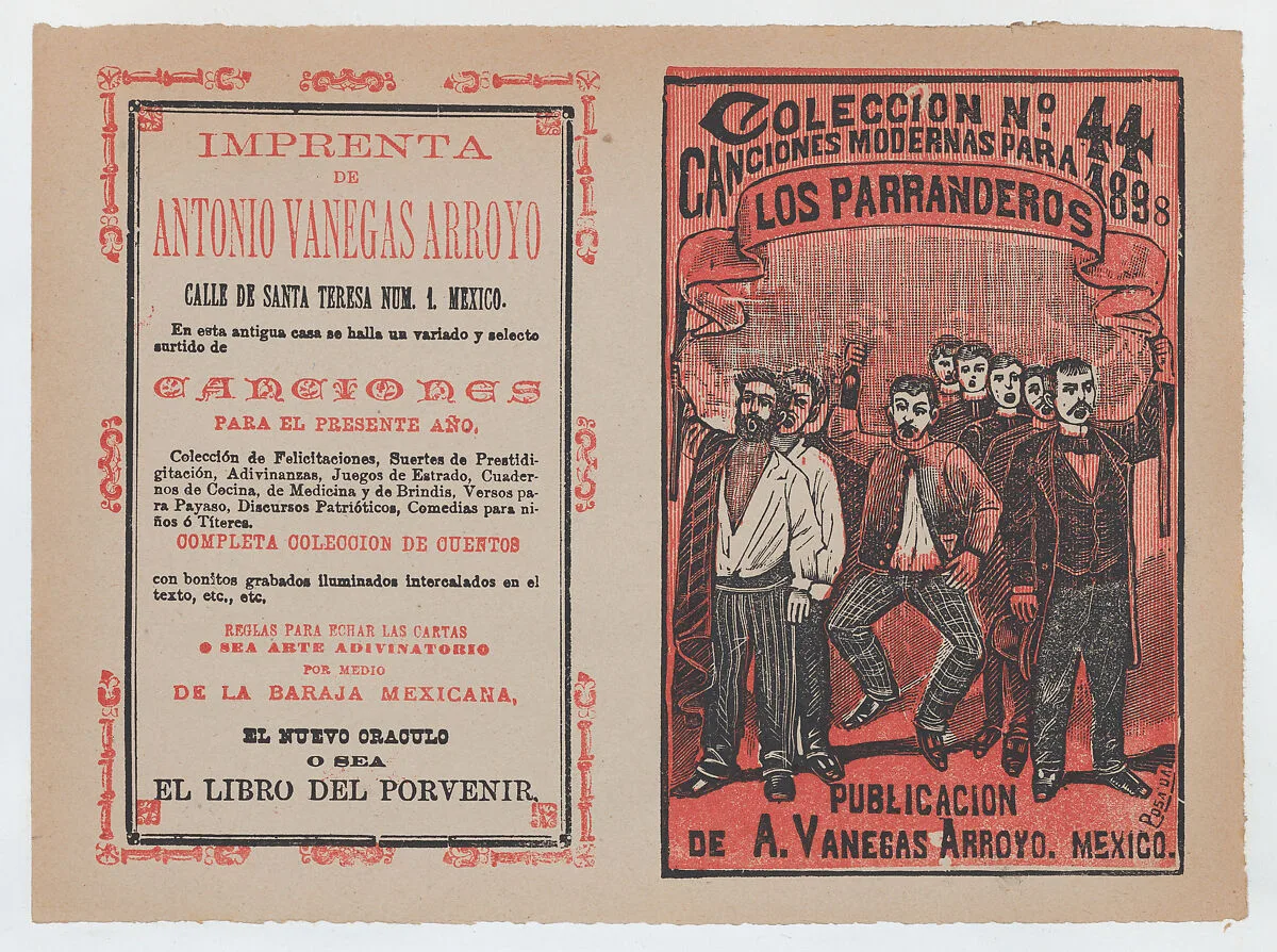 Cover for 'Canciones Modernas para 1898: Los Parranderos', group of men holding a banner and singing — Antonio Vanegas Arroyo|José Guadalupe Posada