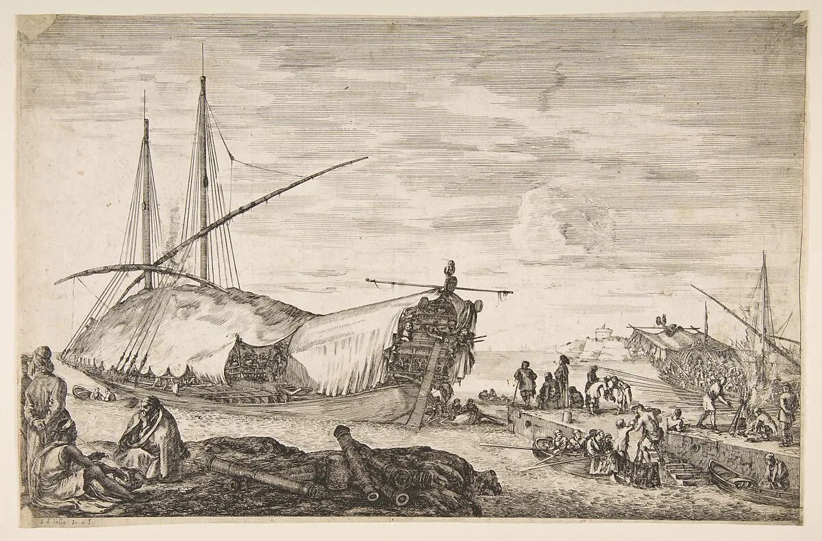A galley covered in sails to left, six cannons and four people to left in foreground, one man seated at far left smoking a pipe, a man assisting others disembarking from rowboats to right, other rowboats and ships in the background, from 'Views of the port of Livorno' (Vues du port de Livourne) — Stefano della Bella
