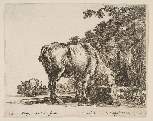 A cow drinking from a stone trough, other cows to left in background, plate 12 from "Diversi capricci"