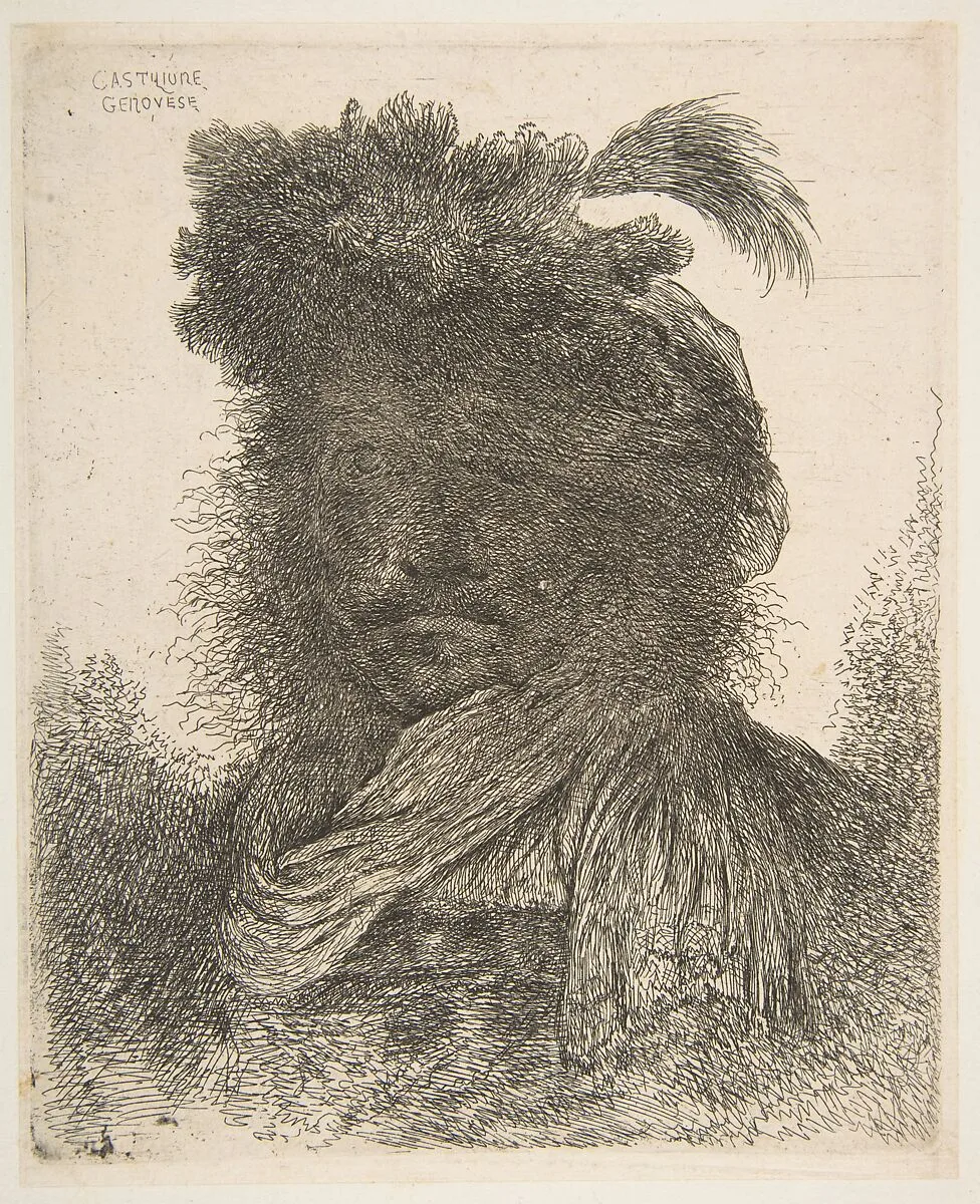 Head of a man in shadow turned slightly to the left, from the series of 'Large Oriental Heads' — Giovanni Benedetto Castiglione (Il Grechetto)