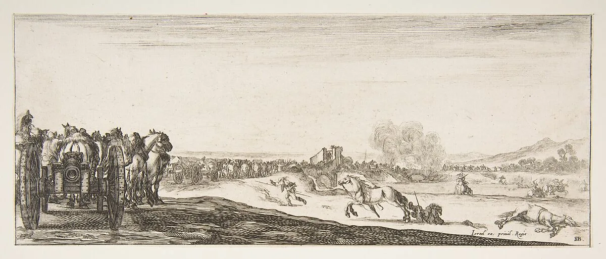 A procession of horse-drawn cannon carriages to left, horsemen in combat and a dead horse to right, battle on a bridge in center background, from "Peace and War" (Divers desseins tant pour la paix que pour la guerre) — Stefano della Bella|Israël Henriet