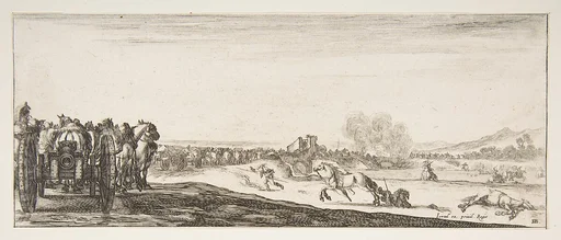 A procession of horse-drawn cannon carriages to left, horsemen in combat and a dead horse to right, battle on a bridge in center background, from "Peace and War" (Divers desseins tant pour la paix que pour la guerre)