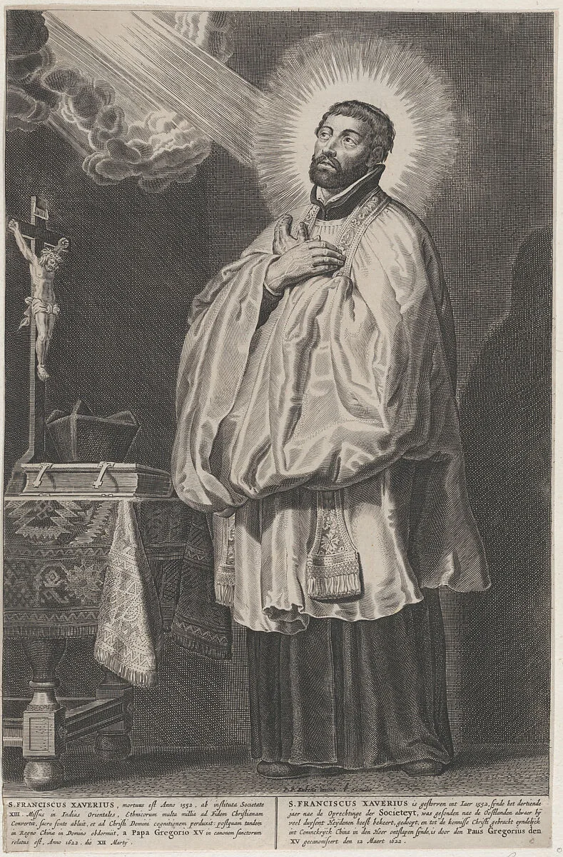 Saint Francis Xavier with a divine light emanating towards him from the upper left, with a crucifix, mitre, and book on a table at left — Anonymous|Peter Paul Rubens|Schelte Adams à Bolswert