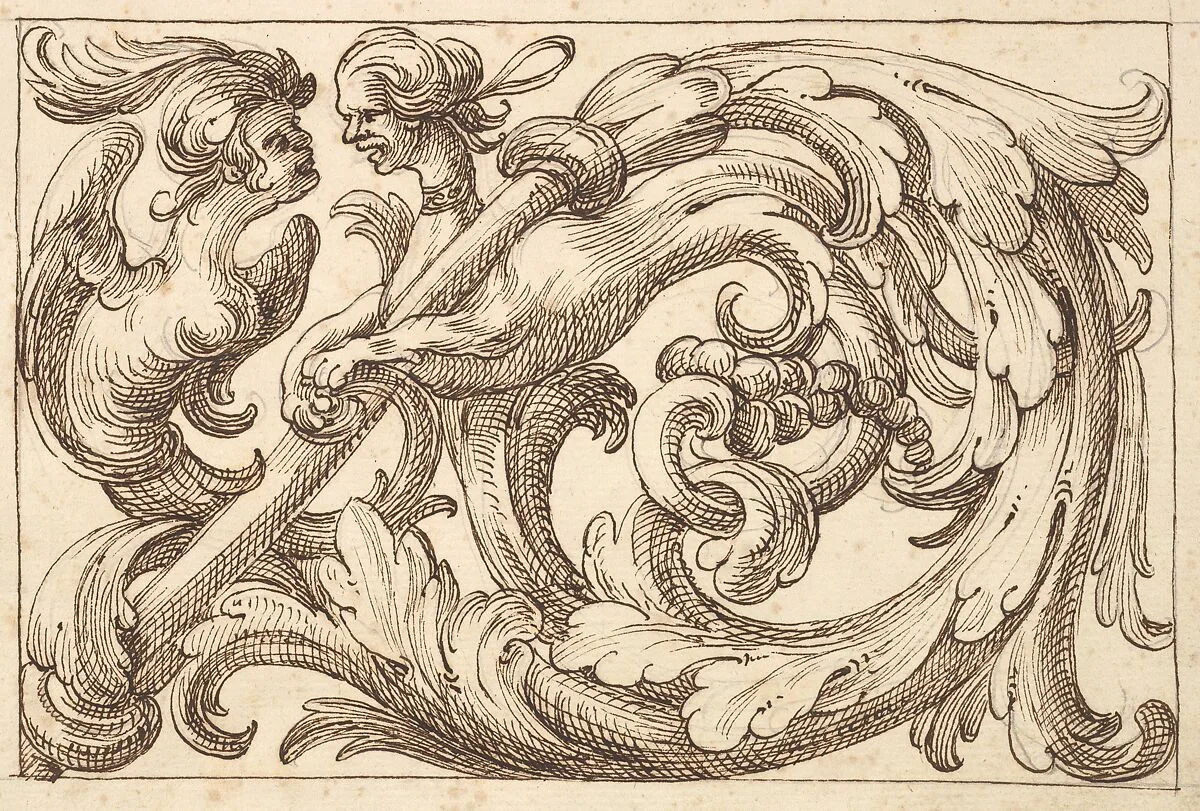 Horizontal Panel Design with Two Hybrid Creatures Interspersed between Acanthus Rinceaux — Polifilo Giancarli|Anonymous, Italian, Venetian, 17th century