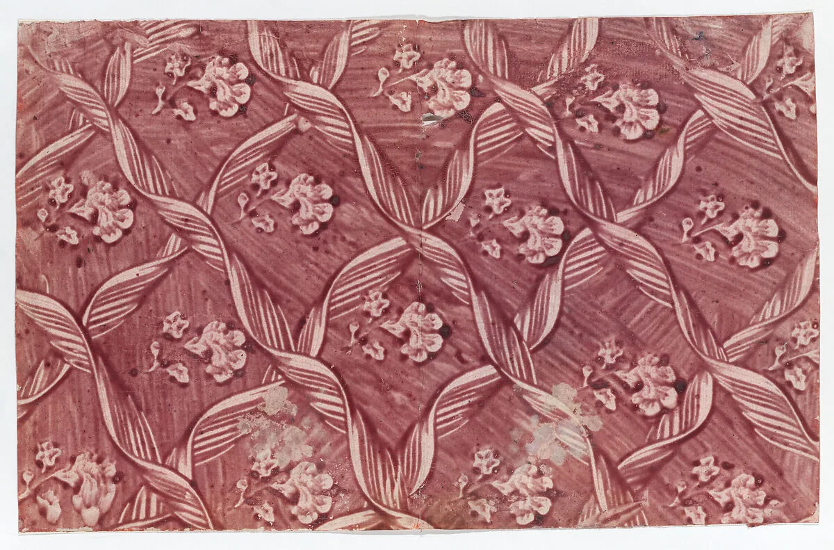Paste paper with overall red floral and ribbon pattern — Anonymous