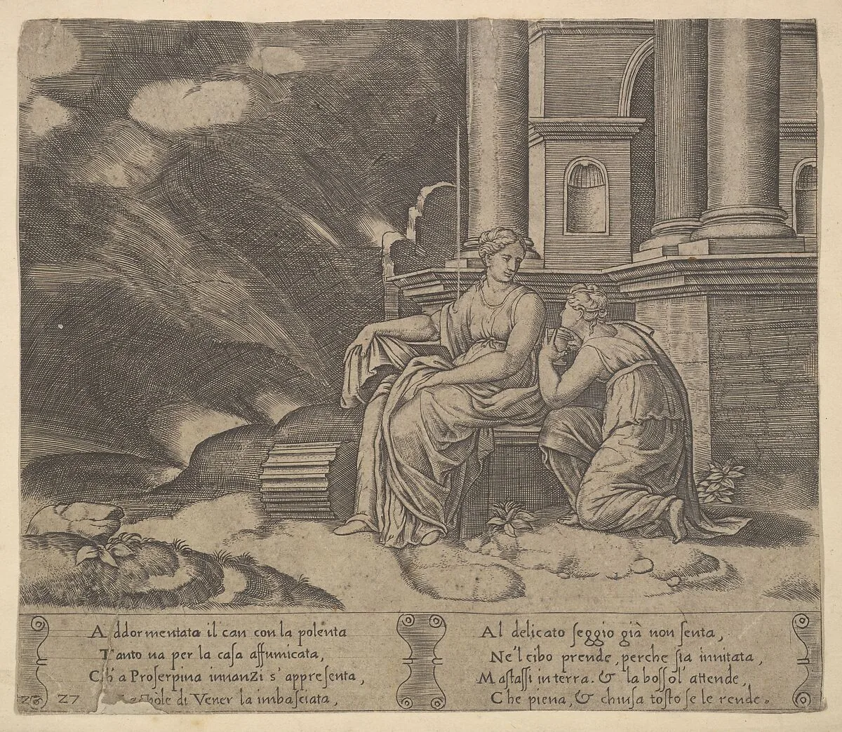 Plate 27: Proserpina gives Psyche the box of beauty, from 'The Fable of Cupid and Psyche' — Master of the Die|Michiel Coxie (I)