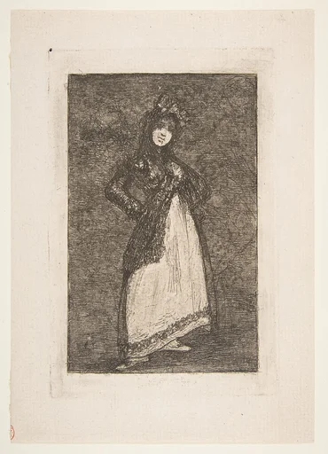 A Maja standing against a dark background with figures