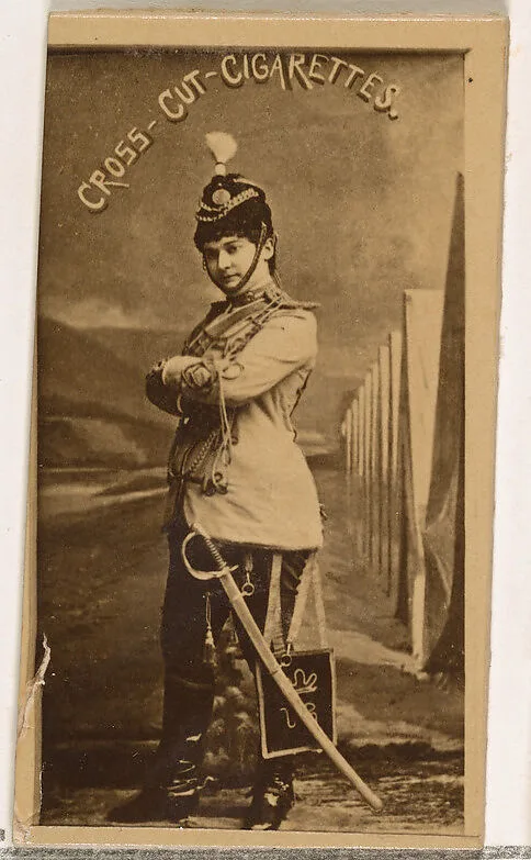 Actress wearing military costume with sword, from the Actors and Actresses series (N145-1) issued by Duke Sons & Co. to promote Cross Cut Cigarettes — W. Duke, Sons & Co.