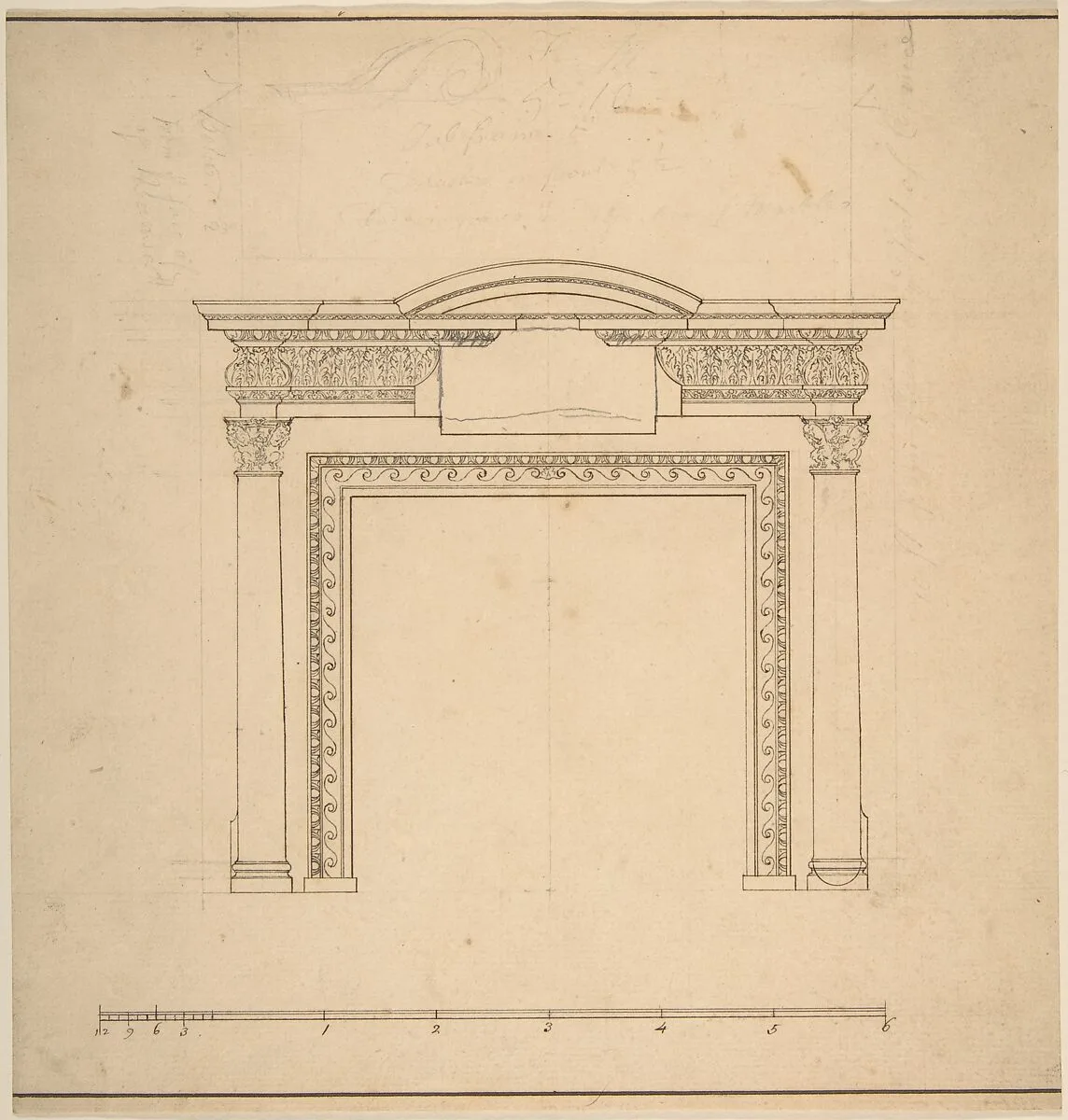 Design for a Chimneypiece with a Frieze with Floral Decoration and Capitals Decorated with Animals — Sir William Chambers