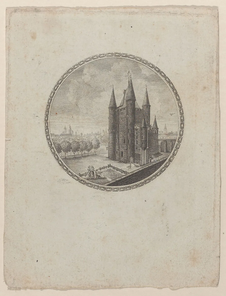 Circular view of the Conciergerie with hidden silhouettes of the Royal family in the clouds — Anonymous