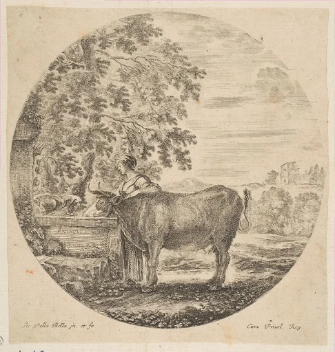 A peasant woman with a cow at a fountain decorated with the Medici arms, from "Six animal subjects" (Six sujets d'animaux)