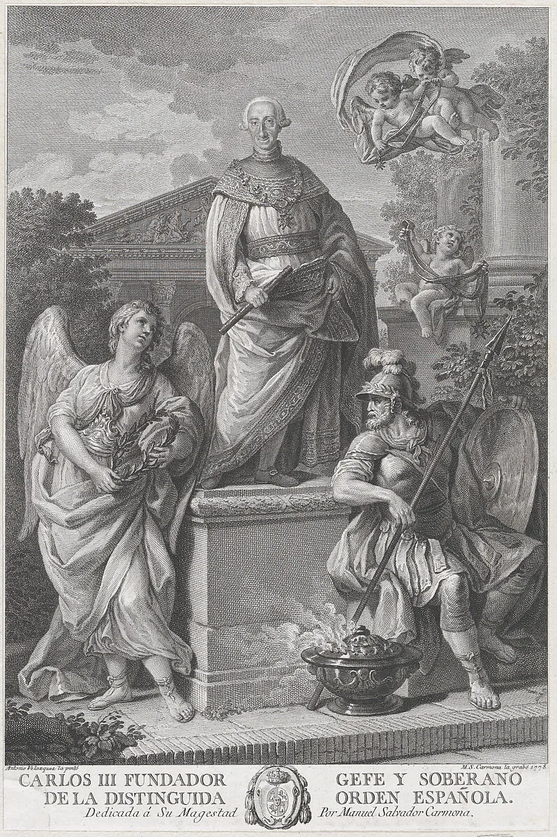 Allegorical portrait of Carlos III standing on a pedestal flanked by figures (War and Peace?) — Antonio Vázquez|Manuel Salvador Carmona