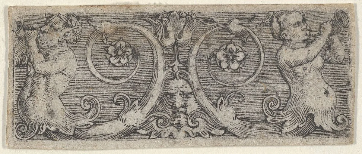 Horizontal Panel with Two Tritons with Foliate Tails Playing Horns — Barthel Beham