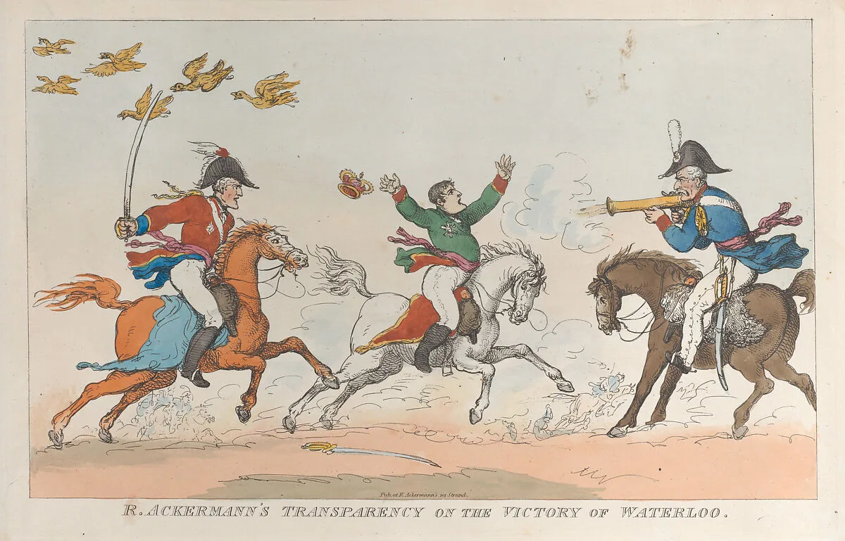R. Ackermann's Transparency on the Victory of Waterloo — Arthur Wellesley, 1st Duke of Wellington|Gebhard Leberecht von Blücher|Napoléon Bonaparte|Rudolph Ackermann, London|Thomas Rowlandson