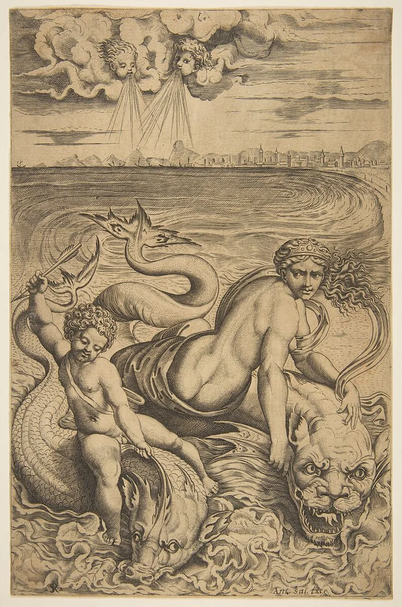 Venus and Cupid riding two sea monsters, Cupid raises an arrow in his right hand, two heads representing wind in the clouds above — Marco Dente|Antonio Salamanca|Raphael (Raffaello Sanzio or Santi)