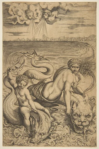 Venus and Cupid riding two sea monsters, Cupid raises an arrow in his right hand, two heads representing wind in the clouds above