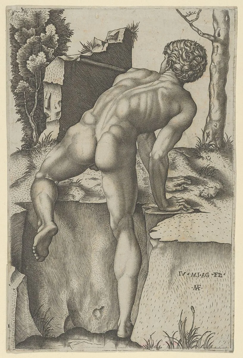 Naked man viewed from behind climbing a river bank, after Michelangelo — Marcantonio Raimondi|Michelangelo Buonarroti