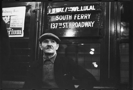 [Three 35mm Film Frames: Subway Passengers, New York City: Man in Cap Beneath "7th Ave Local" Sign, Elderly Woman in Fur Collar, Man Reading Newspaper, Woman in Hat Beneath "7th Ave Local" Sign]