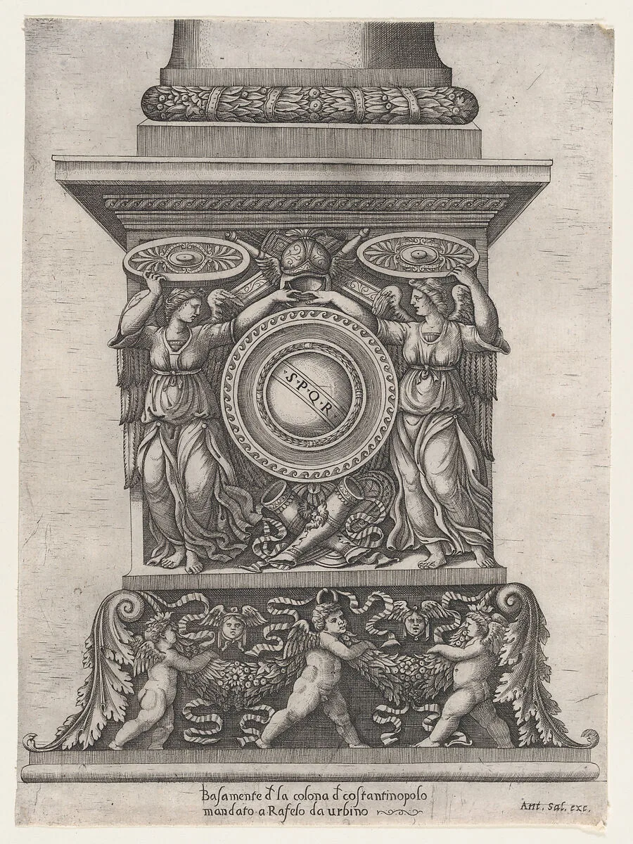 Speculum Romanae Magnificentiae: The Base of the Column of Theodosius — Marcantonio Raimondi|Antonio Salamanca