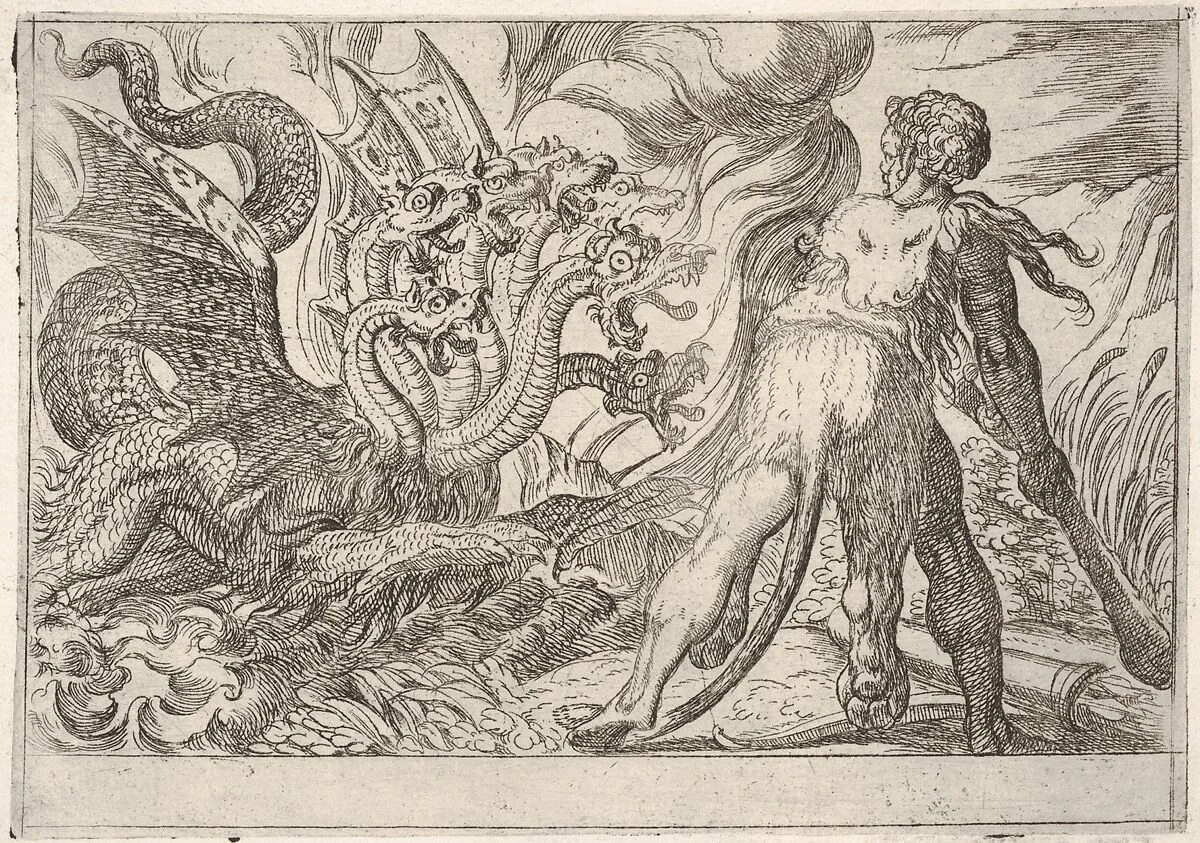 Hercules and the Hydra of Lerna: Hercules grasps his club with both hands and confronts the seven-headed hydra, from the series 'The Labors of Hercules' — Antonio Tempesta