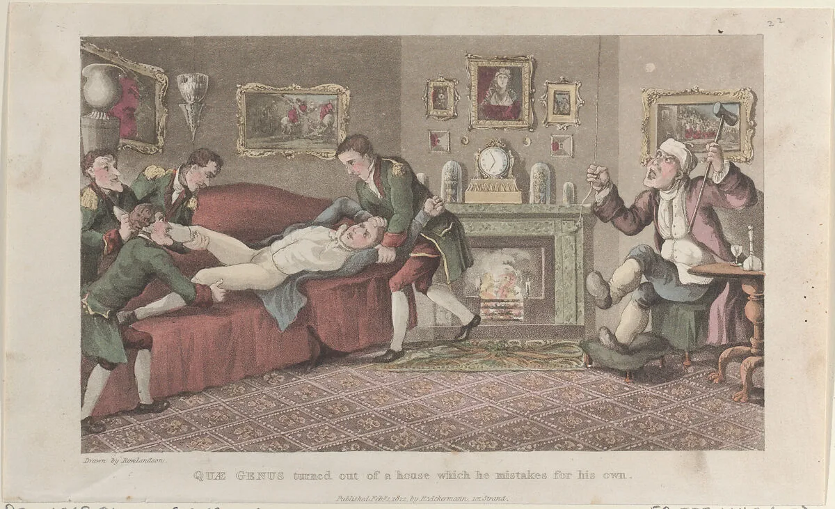 Quae Genus Turned out of a House Which He Mistakes for His Own — J. Diggens|Thomas Rowlandson|Rudolph Ackermann, London|William Combe