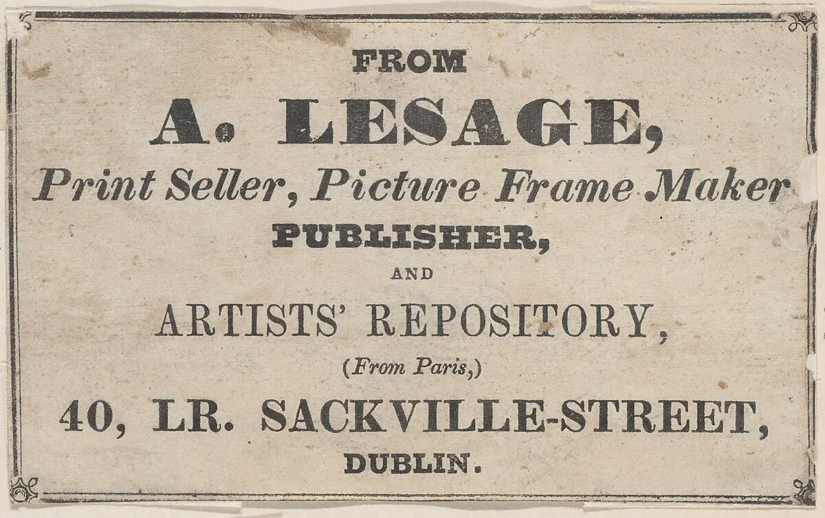 Trade card for A. Lesage, Printseller, Framer, and Publisher — Anonymous, British, 19th century