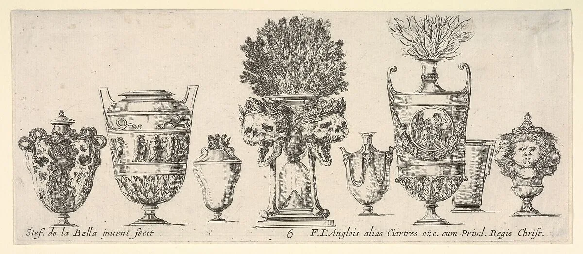 Eight vases, a clepsydra in center decorated with two skulls with laurel wreaths, plate 6 from 'Collection of Various Vases' (Raccolta di Vasi Diversi) — Stefano della Bella|François Langlois