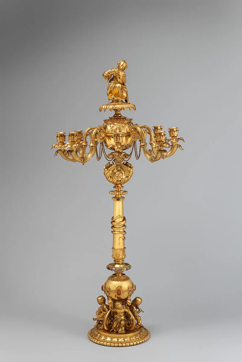 Candelabrum with woman playing flute (one of a pair) — Guillaume Denière|Jean-Jacques Feuchère|Aimé Chenavard|M. Combettes