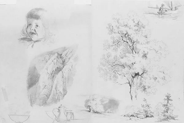 Head of a Child, Mountain Scene, Objects for a Still Life, Trees, Figure in a Boat — John Singer Sargent