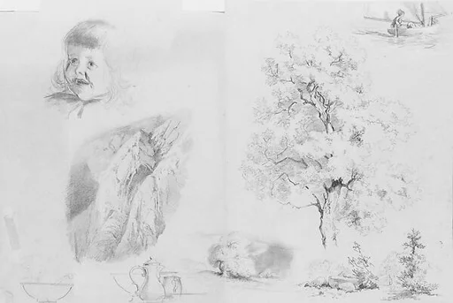 Head of a Child, Mountain Scene, Objects for a Still Life, Trees, Figure in a Boat