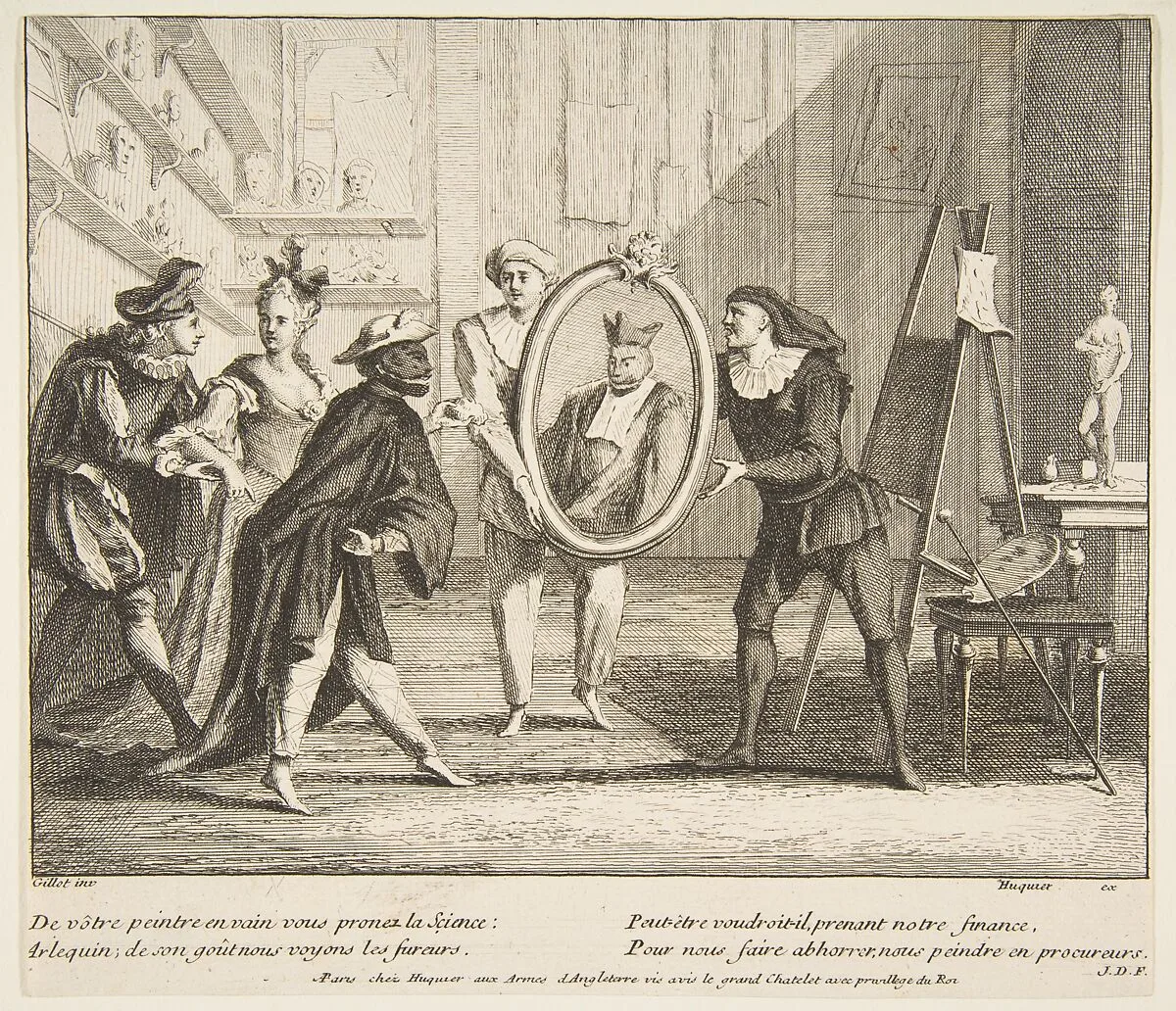 Pierrot and Scaramouche show the portrait of Harlequin — Claude Gillot|Jacques Gabriel Huquier
