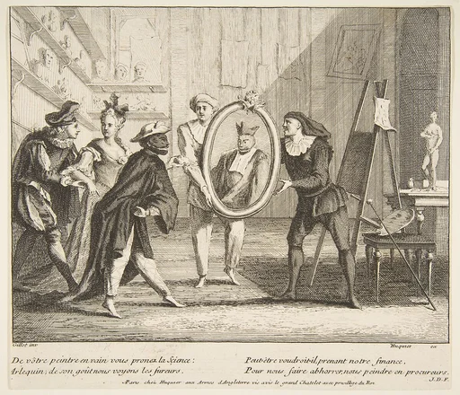 Pierrot and Scaramouche show the portrait of Harlequin