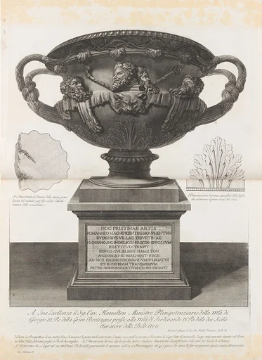 Large vase found at the Pantanello, Hadrian's Villa, Tivoli, in 1770 (The 'Warwick Vase'), from "Vasi, candelabri, cippi, sarcofagi, tripodi, lucerne, ed ornamenti antichi disegnati ed incisi dal Cav. Gio. Batt. Piranesi, Vol. I" (Vases, candelabra, grave stones, sarcophagi, tripods, lamps, and ornaments designed and etched by Cavalieri Giovanni Battista Piranesi)