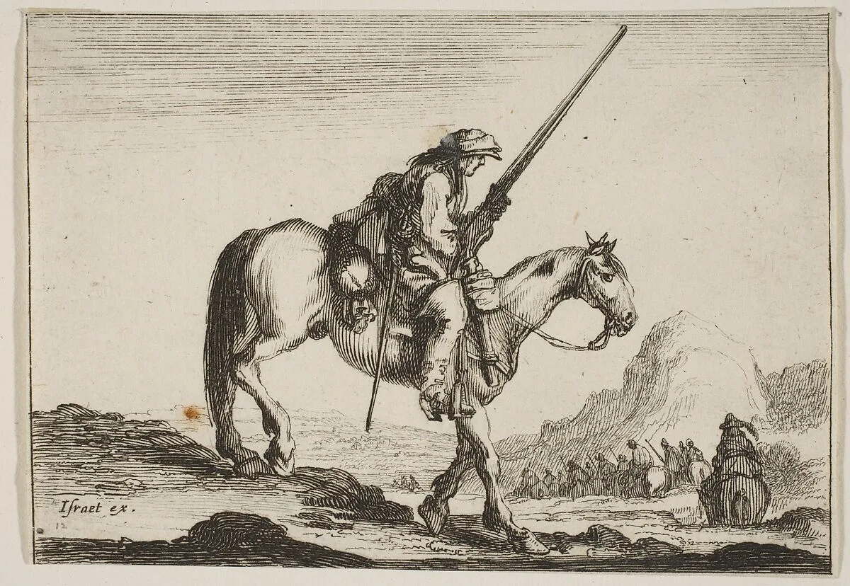 A soldier on horseback, holding a musket in his right hand, in profile descending a slope towards the right, other soldiers on horseback to right in the background, plate 12 from "Various Figures" (Agréable diversité de figures) — Stefano della Bella|Claude Goyrand|Israël Henriet|Artus Gouffier Marquis de Boissy