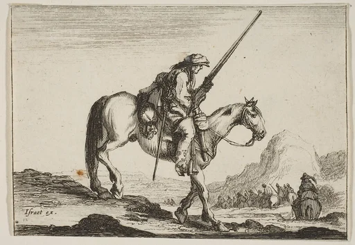 A soldier on horseback, holding a musket in his right hand, in profile descending a slope towards the right, other soldiers on horseback to right in the background, plate 12 from "Various Figures" (Agréable diversité de figures)
