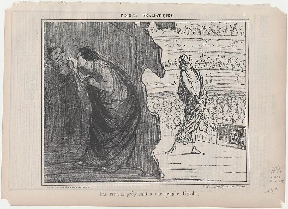 Une reine se préparant a une grande tirade, from Croquis Dramatiques, published in Le Charivari, September 24, 1856 — Aaron Martinet|Honoré Daumier|Destouches
