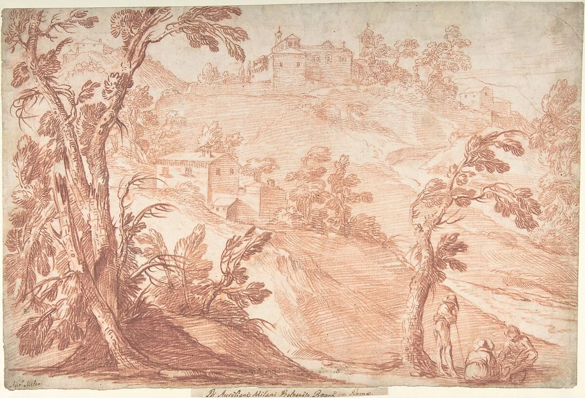 Hilly Landscape with Three Figures — Aureliano Milani