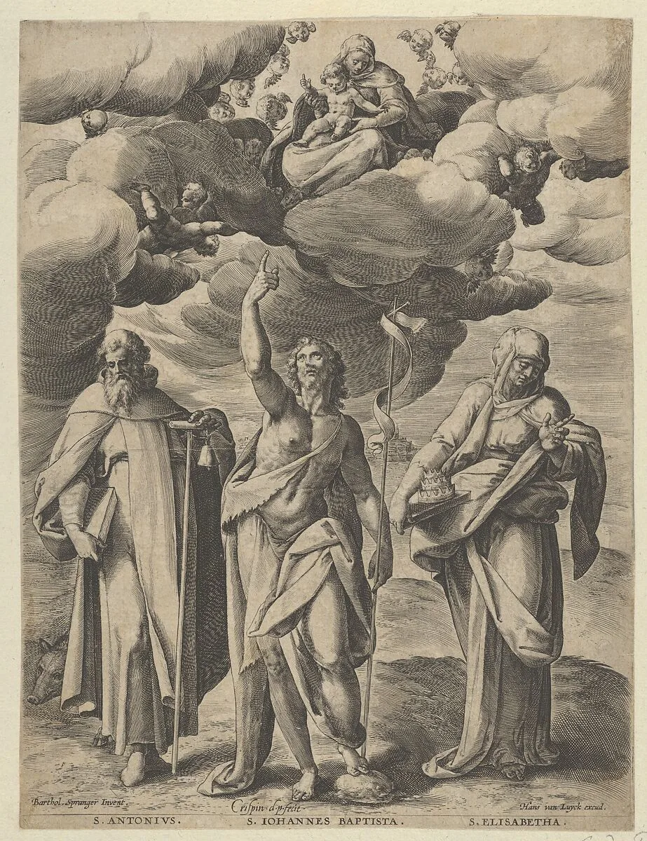 Saint Anthony, Saint John the Baptist, and Saint Elizabeth — Crispijn de Passe the Elder|Bartholomeus Spranger|Hans van Luyck