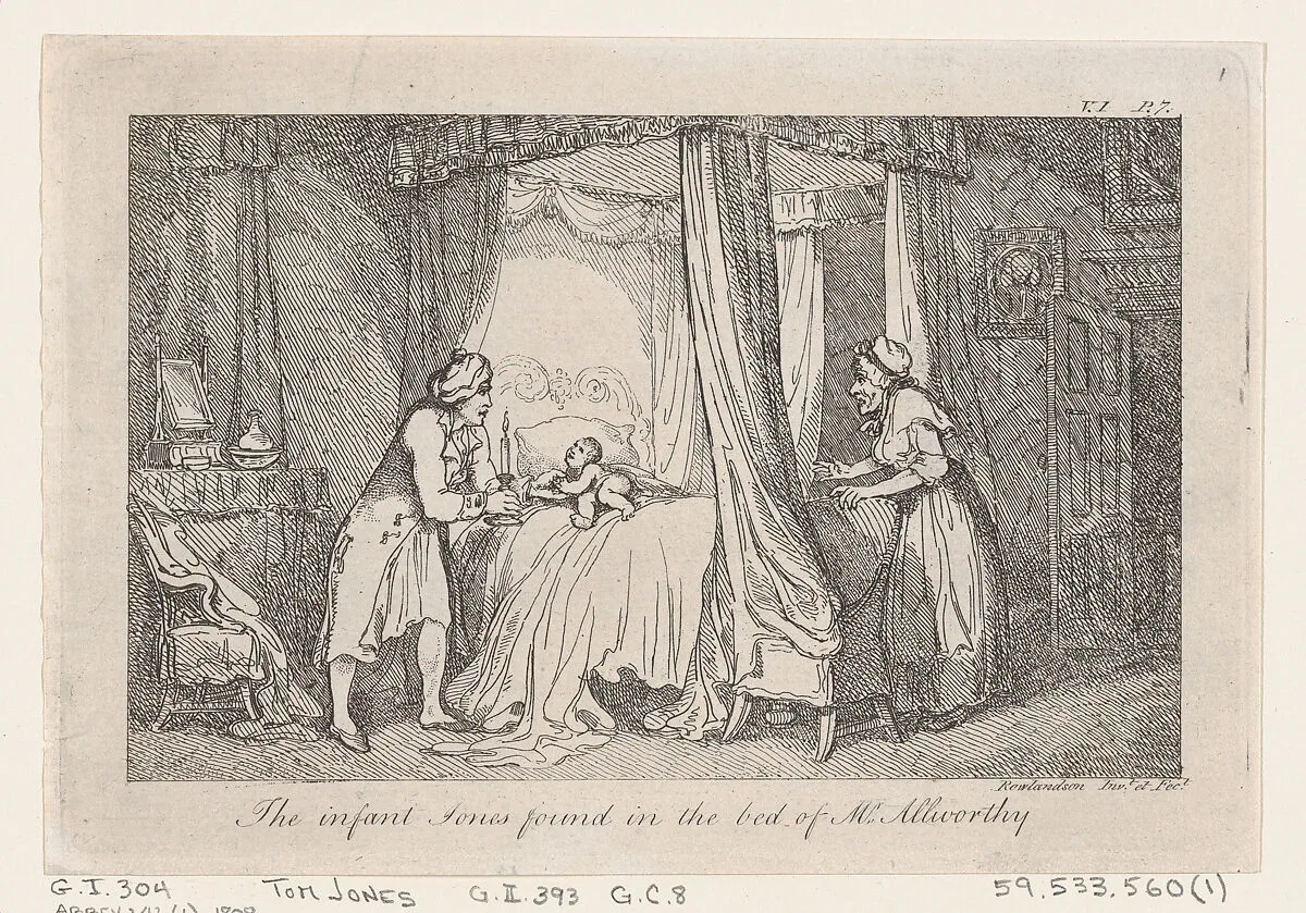 The infant Jones found in the bed of Mr. Allworthy, from "The History of Tom Jones, a Foundling" — Henry Fielding|Thomas Rowlandson