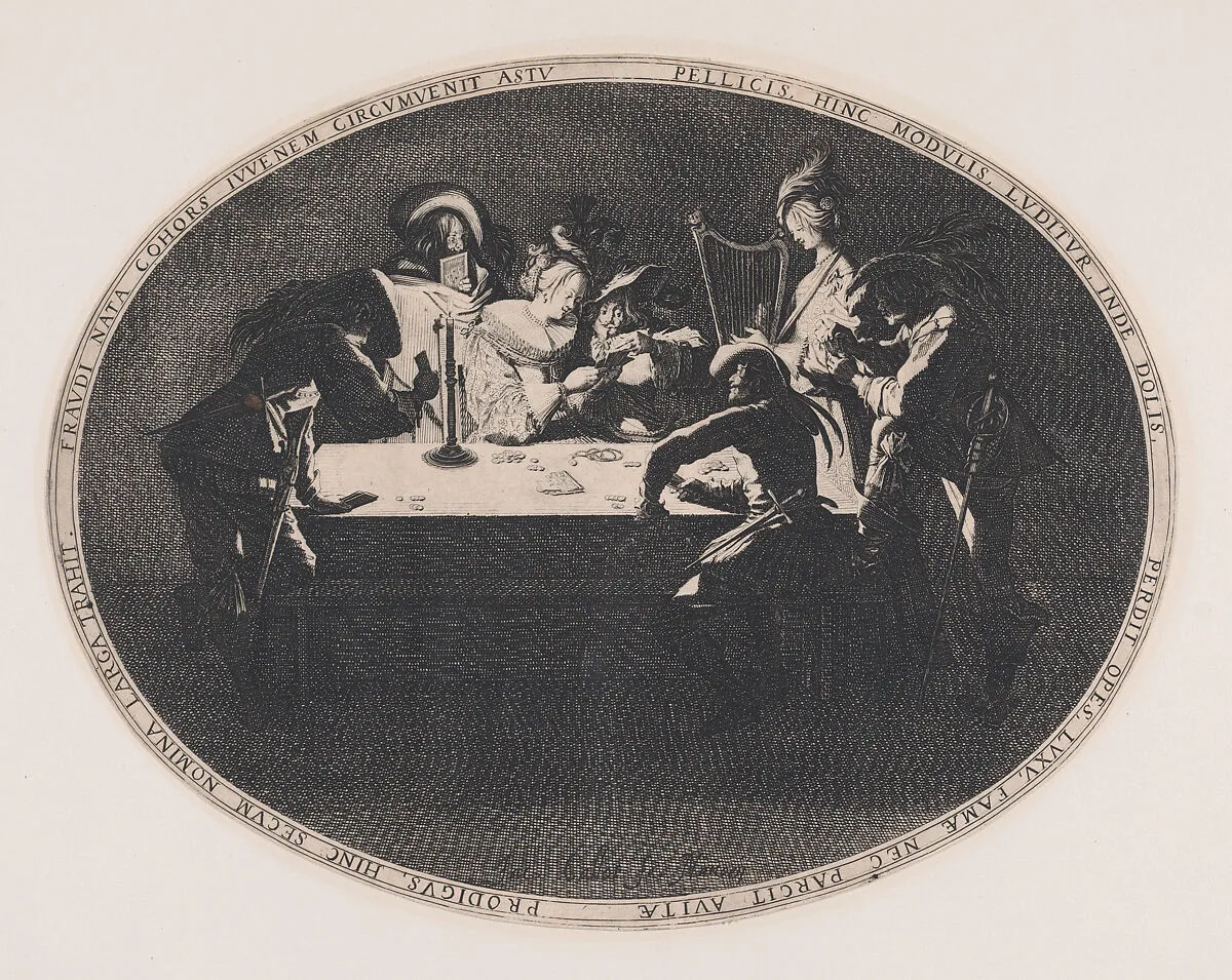 Le Brelan, pièce appelée aussi Les Joueurs de Cartes et L'Enfant Produgue Trompé par une Troupe de Filous (Three of a Kind, also called The Card Players and The Prodigal Son Tricked by a Group of Thieves) — Jacques Callot