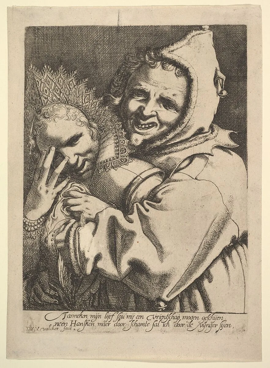 Fool with a Girl Looking Through Her Fingers — Werner van den Valckert