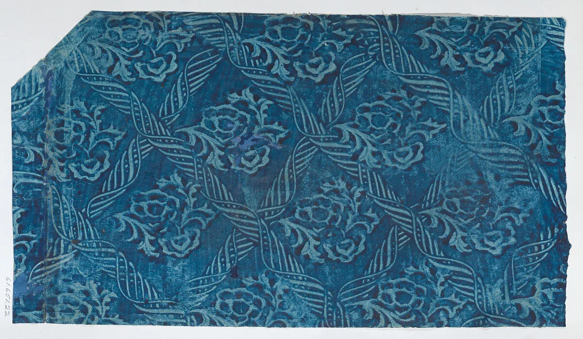 Paste paper with blue ribbon and floral pattern — Anonymous