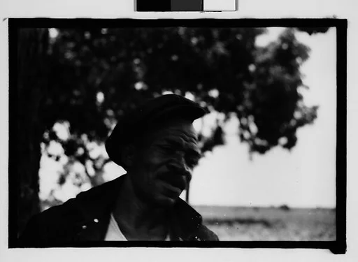 [Man Wearing Cap and Overalls Next to Tree, Hale County?, Alabama]