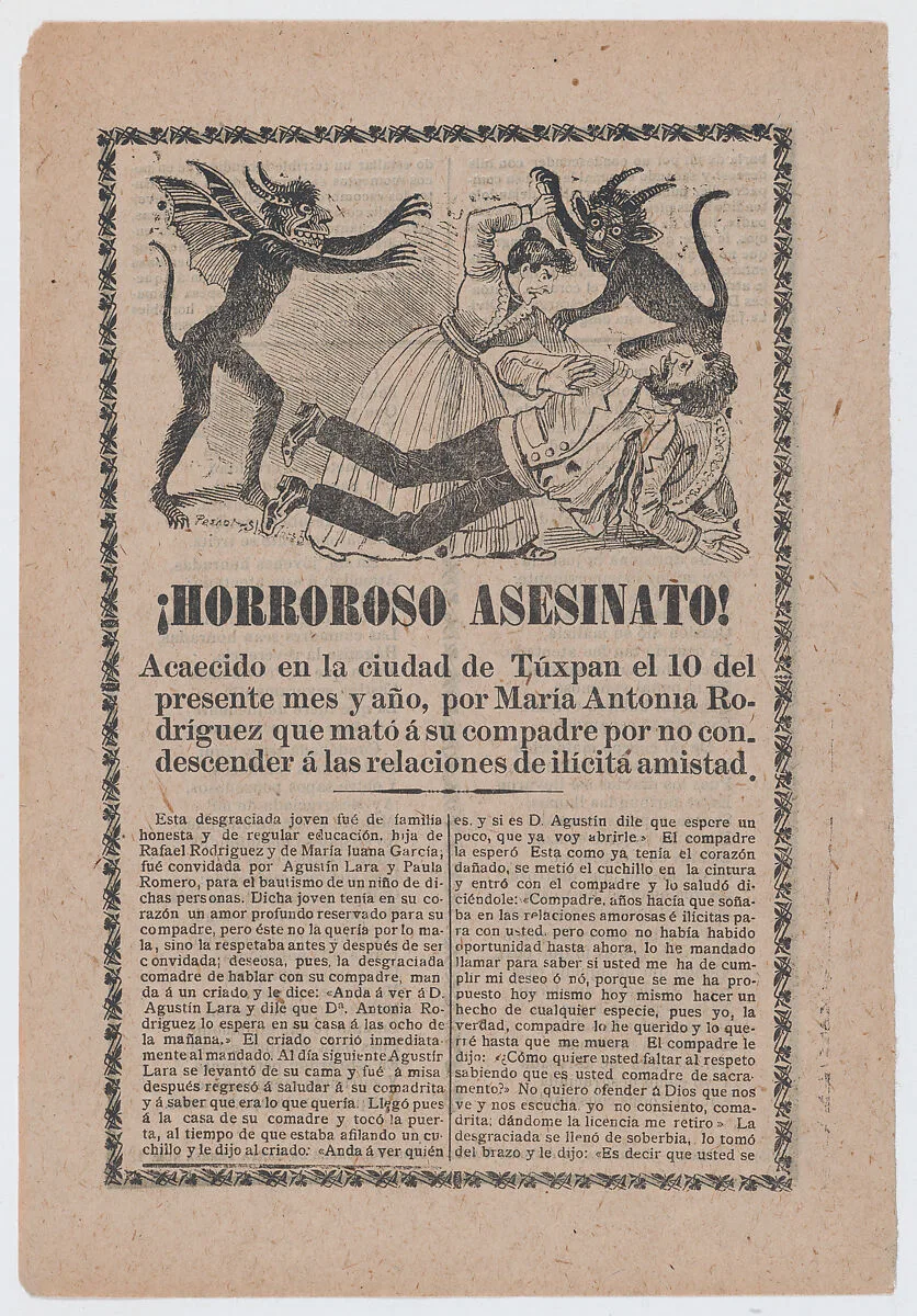 Broadsheet relating to the execution of Florencio Morales and Bernardo Mora who assassinated ex-President Barillas of Guatemala, a description in the bottom section — Antonio Vanegas Arroyo|José Guadalupe Posada