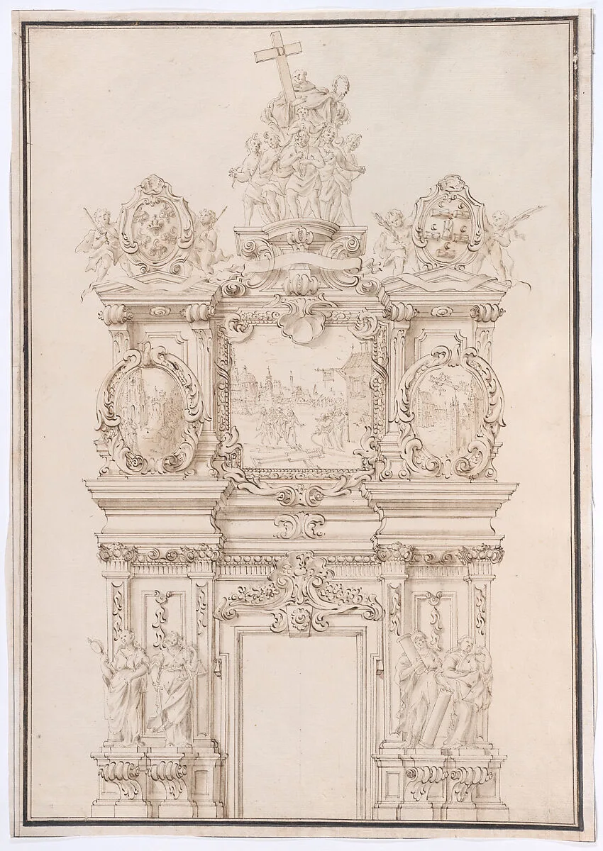 Elevation for a Wall Decoration Scheme for a Church Interior with Scenes dedicated to the Legend of the Holy Cross — Anonymous, Central European, 18th century