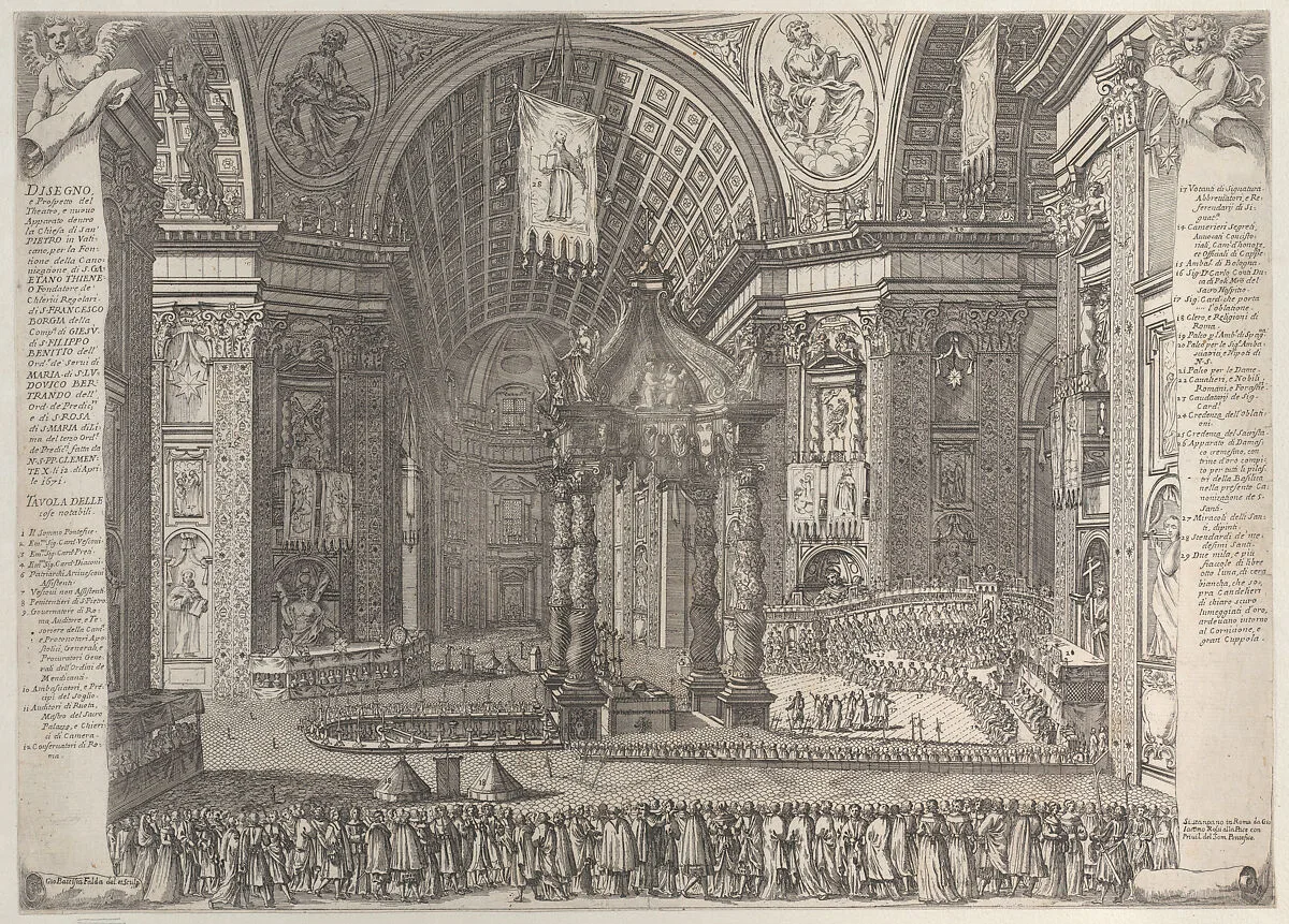 Theater in Saint Peter's Basilica for the Canonization of Gaetano Thiene and Francis Borgia on April 12, 1671 — Giovanni Battista Falda|Giovanni Giacomo De Rossi