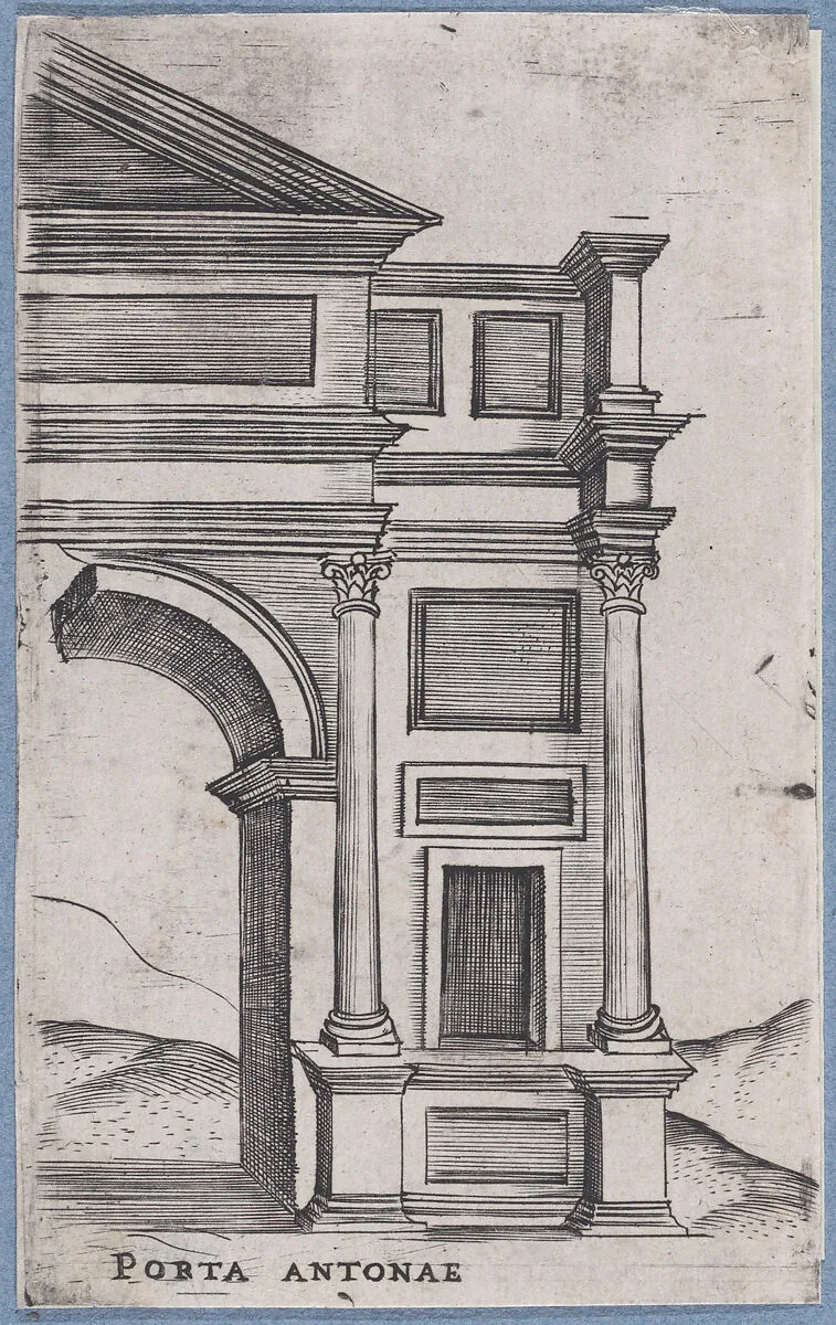 Porta Antonae (Views of Ancient Roman Temples and Arches) — Anonymous, Italian, 16th century