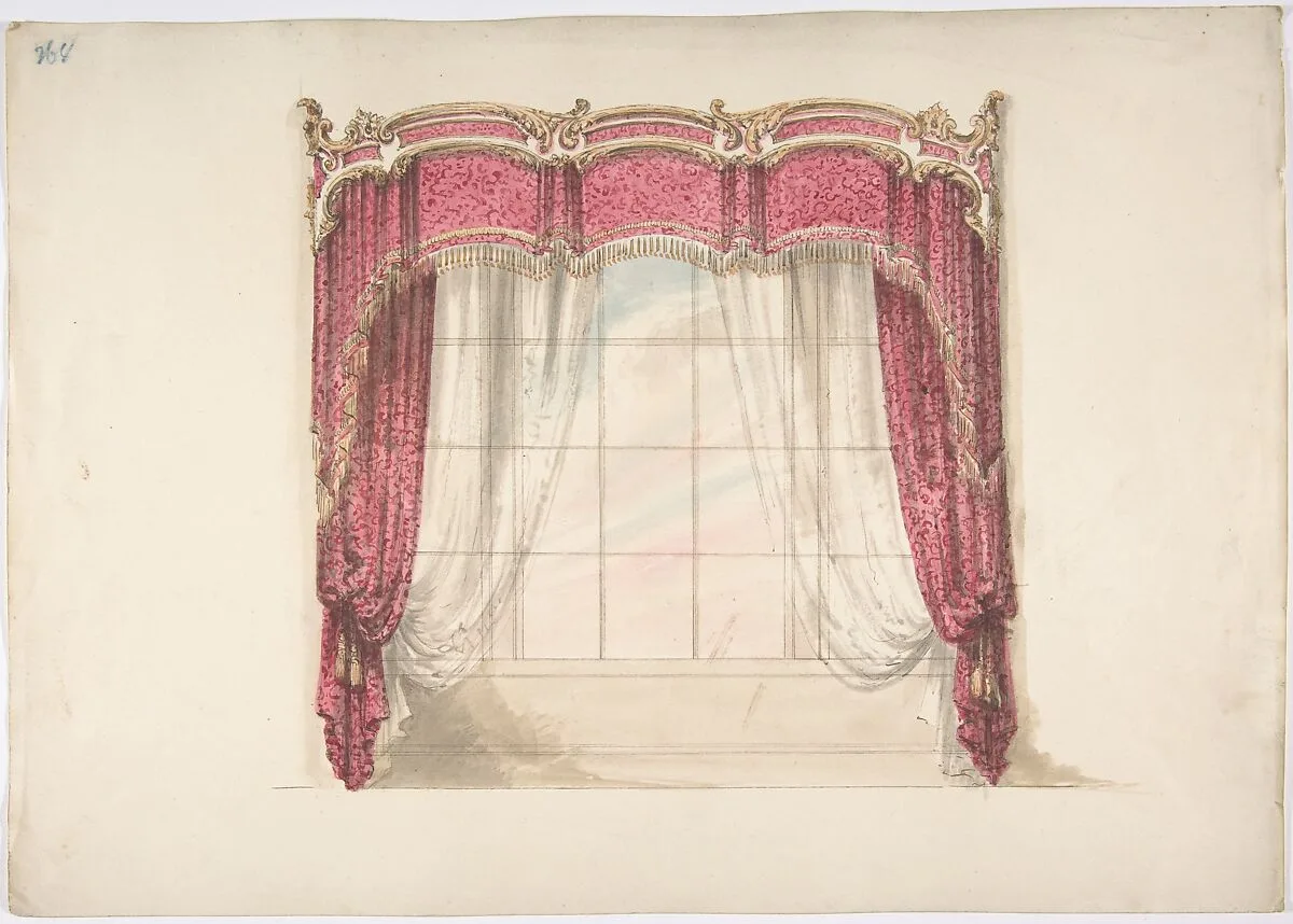 Design for Red Curtains with Gold Fringes and a Gold, Red and White Pediment — Anonymous, British, 19th century